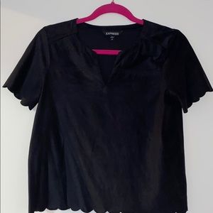 Micro suede black scalloped short sleeve top